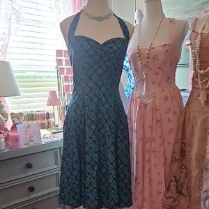 Gorgeous Teal Vintage 1950's Look Halter Dress With Geometric Pattern. Like New.